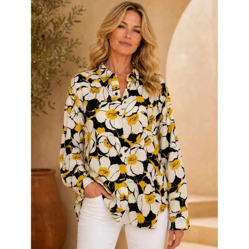 Karl Lagerfeld Paris Women's Floral Button Front Blouse White Black Yellow XL - Picture 1 of 11